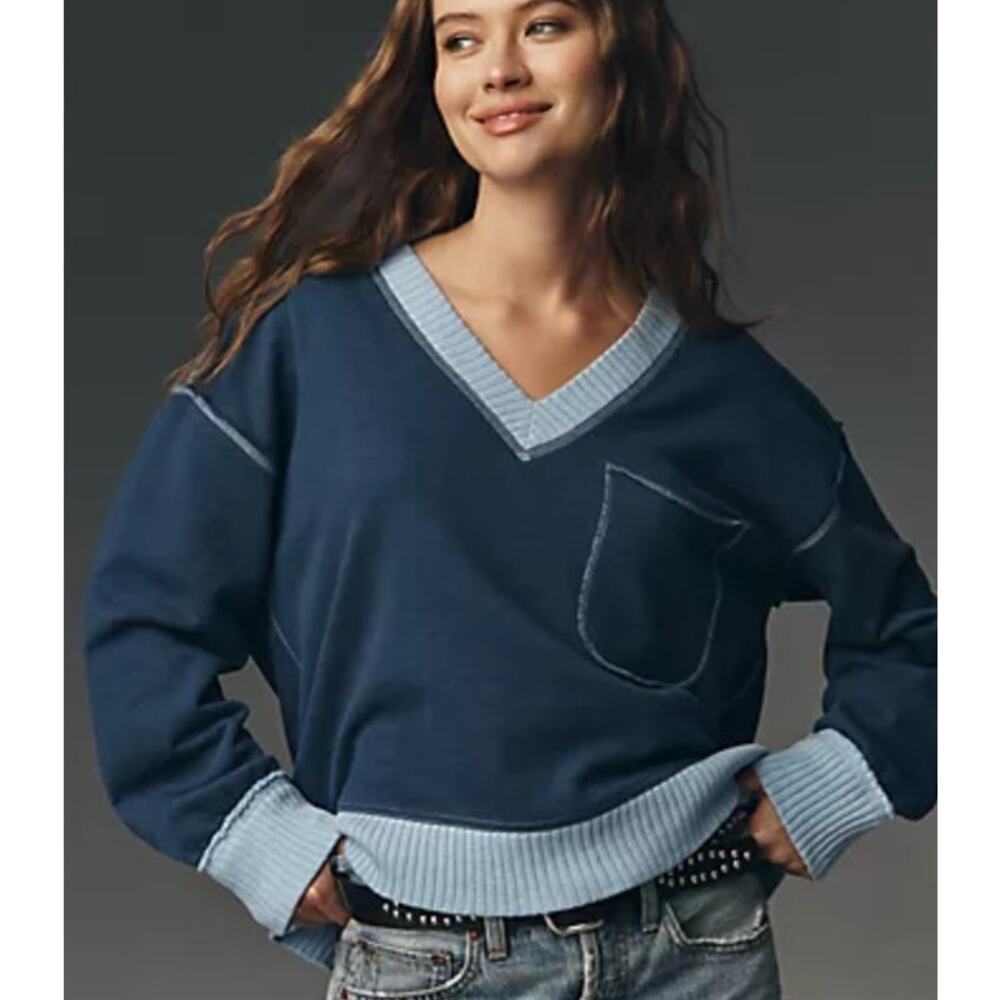 Pilcro Anthropologie Blue V Neck Sweatshirt Top Contrast Trim Pocket Small
